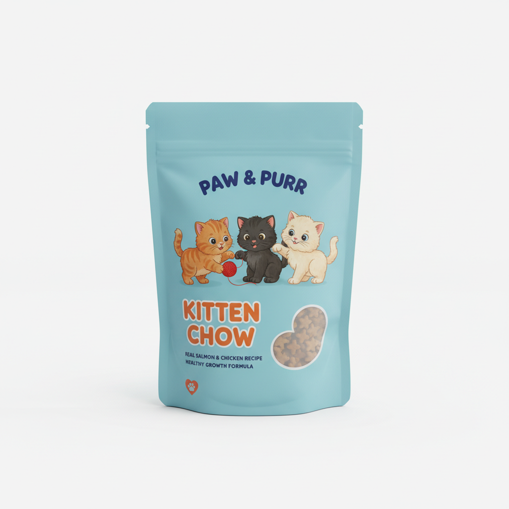Premium kitten food bag with cute kitten branding