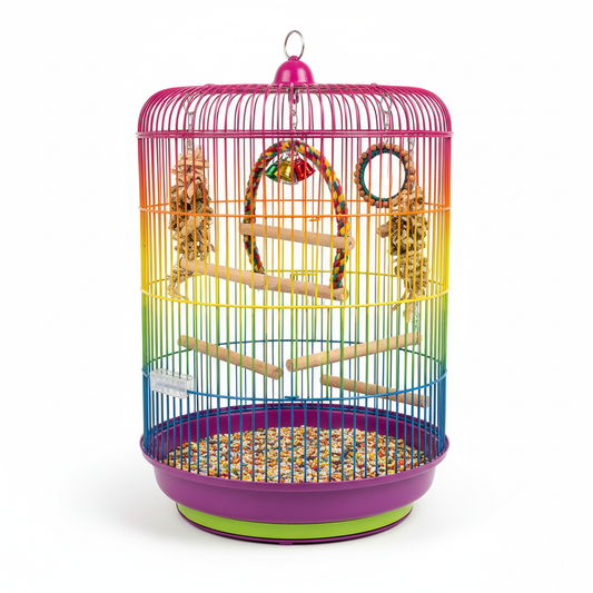 Colorful bird cage with perches and toys