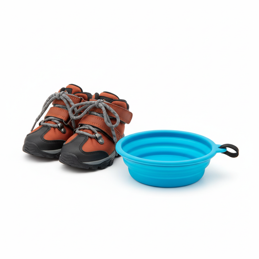 Dog hiking boots and portable collapsible water bowl