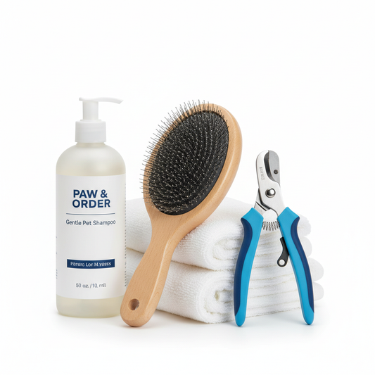 Complete pet grooming kit with brush, nail clippers and shampoo