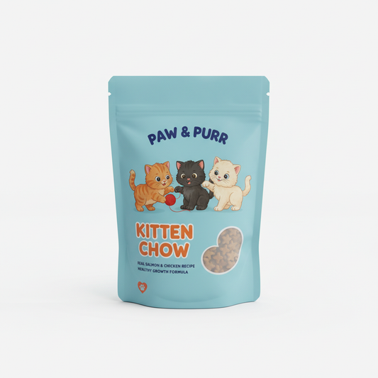 Premium kitten food bag with cute kitten branding