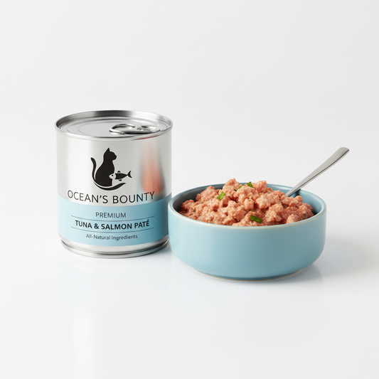 Premium wet cat food can with bowl of cat food