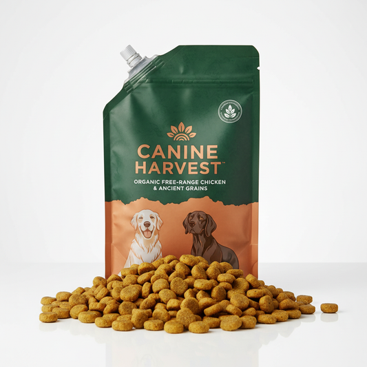 Premium dry dog food bag with kibble