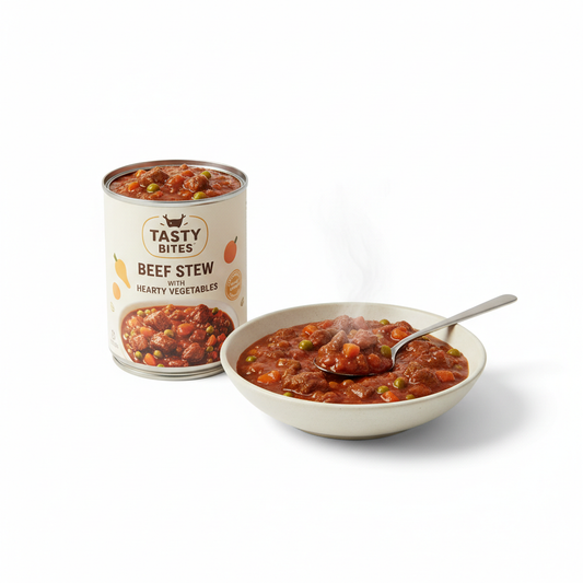 Wet dog food can with beef stew and bowl