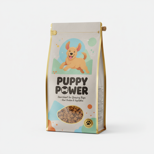 Premium puppy food bag with playful branding