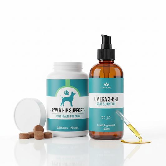 Pet joint supplement chews and omega oil for dogs