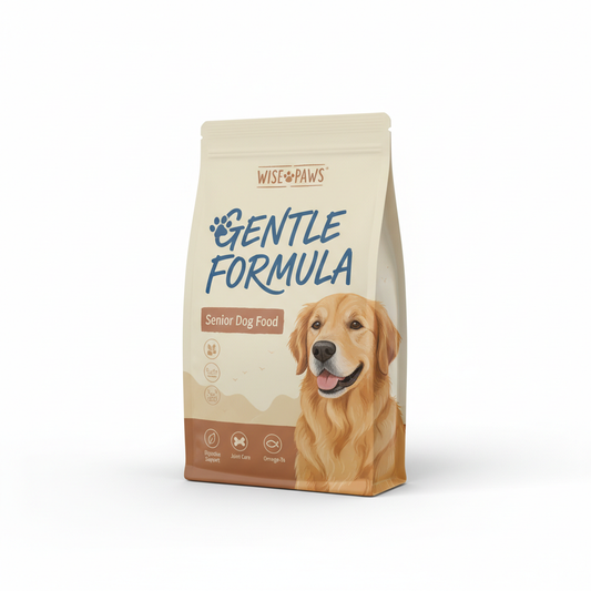 Senior dog food bag with gentle formula branding