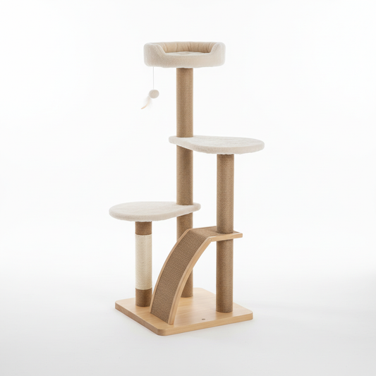 Tall cat tree with scratching posts and perches
