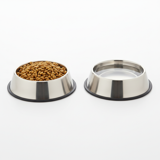 Set of modern stainless steel pet food and water bowls